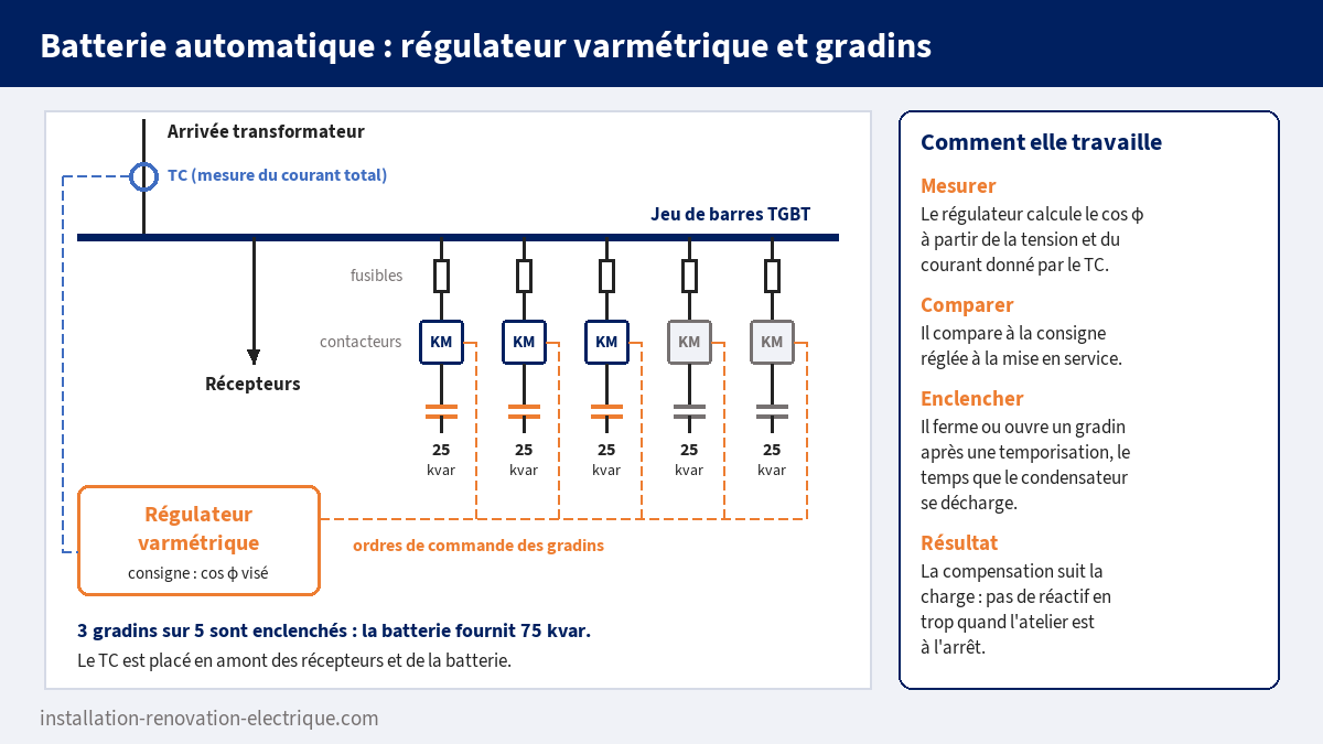 Schéma d'une batterie de condensateurs automatique : transformateur de courant, régulateur varmétrique, cinq gradins de 25 kvar avec fusibles et contacteurs