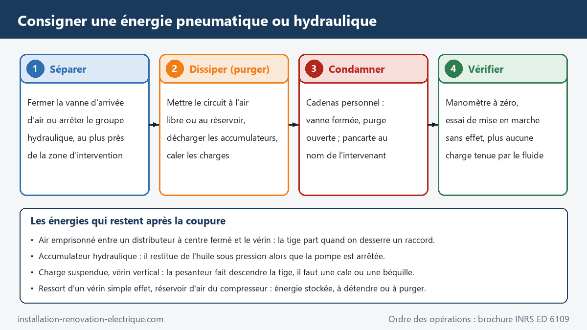 Les quatre opérations de la consignation d'une énergie pneumatique ou hydraulique (séparer, dissiper, condamner, vérifier) et les énergies résiduelles à rechercher
