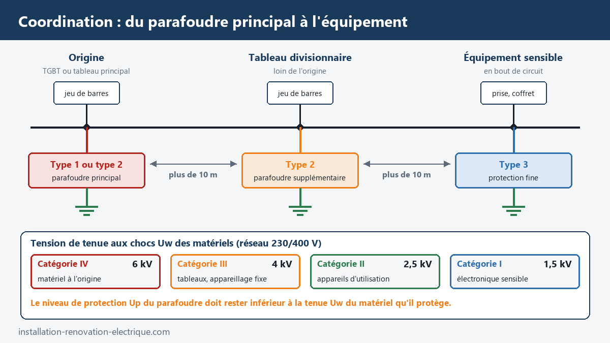 Schéma de coordination des parafoudres : type 1 ou 2 à l'origine, type 2 en tableau divisionnaire à plus de 10 m, type 3 près de l'équipement, avec les tensions de tenue aux chocs des catégories I à IV