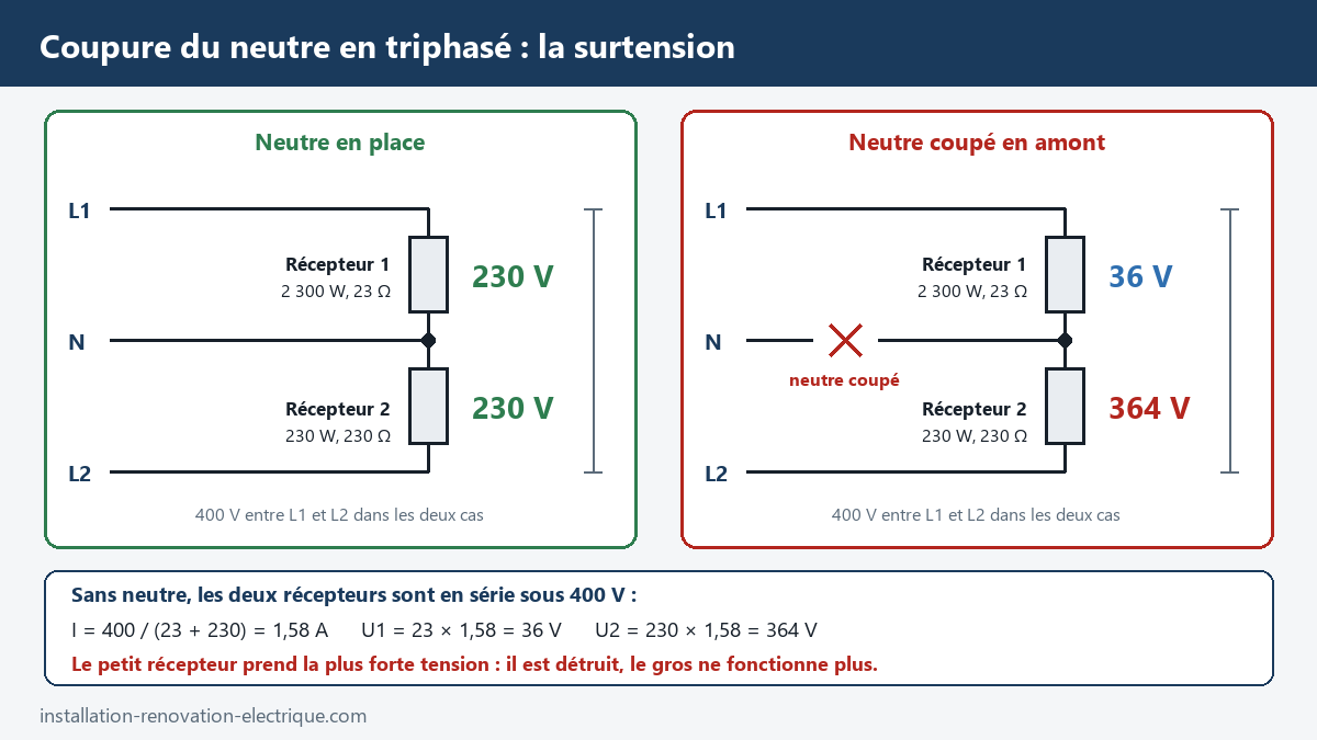 Schéma de la coupure du neutre en triphasé : deux récepteurs de 2 300 W et 230 W se retrouvent en série sous 400 V et reçoivent 36 V et 364 V
