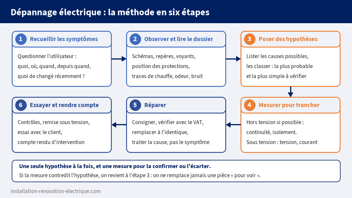 Méthode de dépannage électrique en six étapes : recueillir les symptômes, observer et lire le dossier, poser des hypothèses, mesurer, réparer, essayer et rendre compte