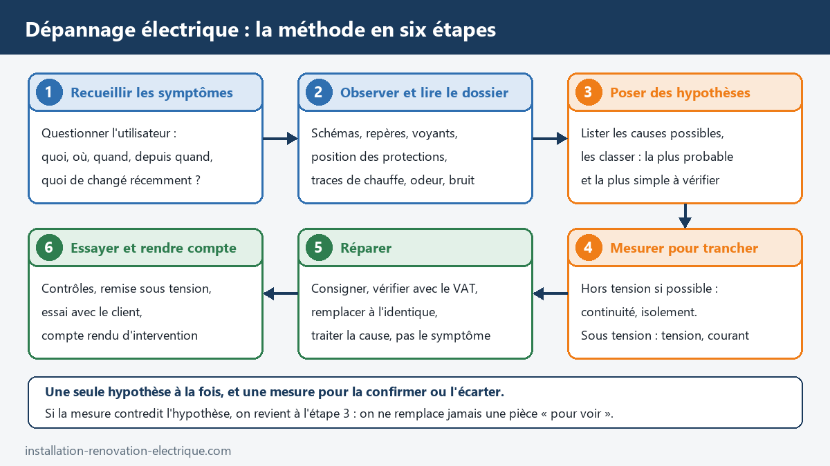 Méthode de dépannage électrique en six étapes : recueillir les symptômes, observer et lire le dossier, poser des hypothèses, mesurer, réparer, essayer et rendre compte