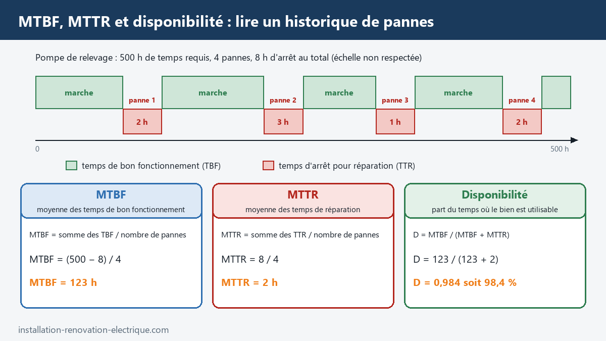 Chronogramme marche et arrêt d'une pompe sur 500 h avec 4 pannes, et calcul de la MTBF (123 h), de la MTTR (2 h) et de la disponibilité (98,4 %)