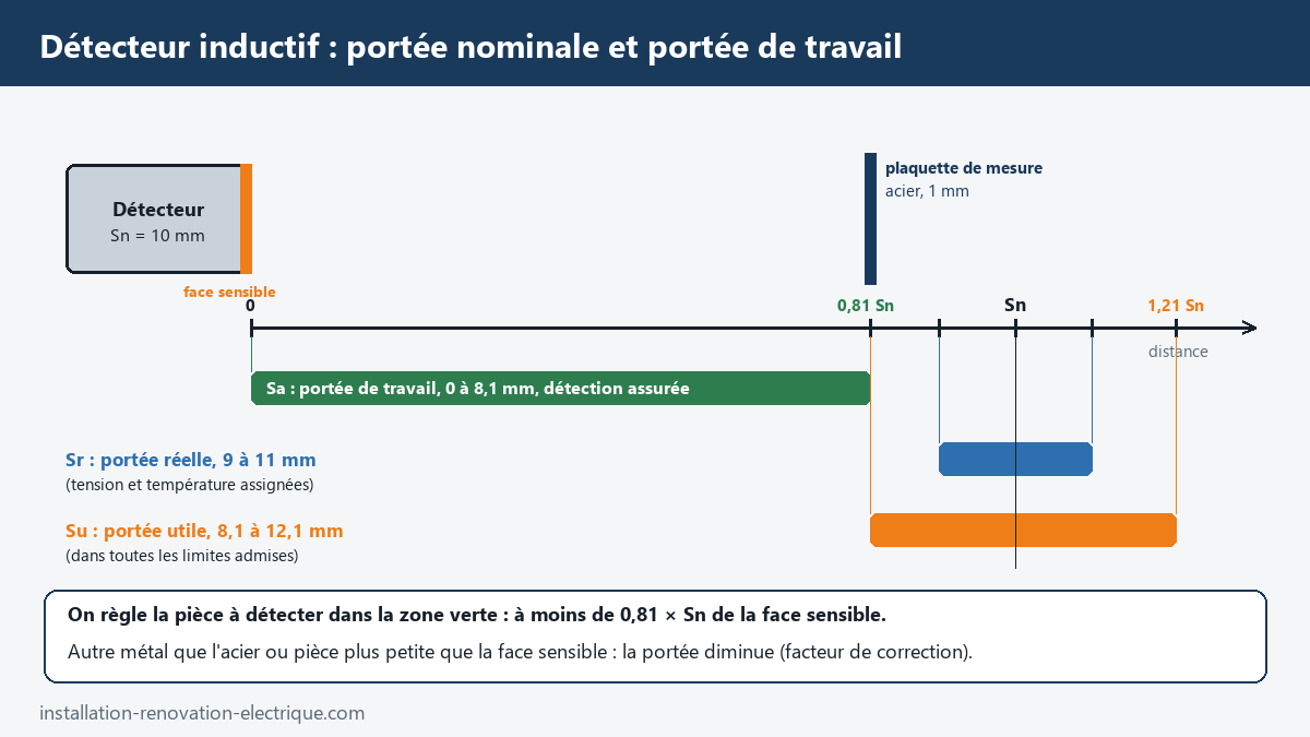 Schéma des portées d'un détecteur inductif : portée nominale Sn, portée réelle Sr, portée utile Su et portée de travail Sa limitée à 0,81 × Sn