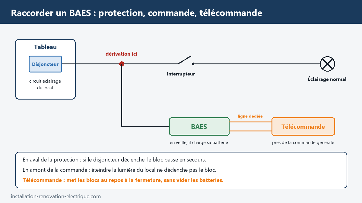 Schéma de raccordement d'un BAES en aval du disjoncteur et en amont de l'interrupteur du circuit d'éclairage, avec télécommande de mise au repos