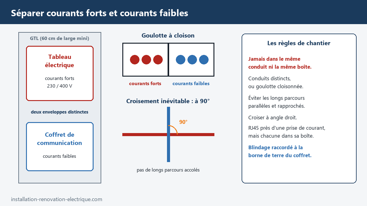 Séparation des courants forts et des courants faibles : tableau et coffret distincts dans la GTL, goulotte à cloison et croisement à 90°