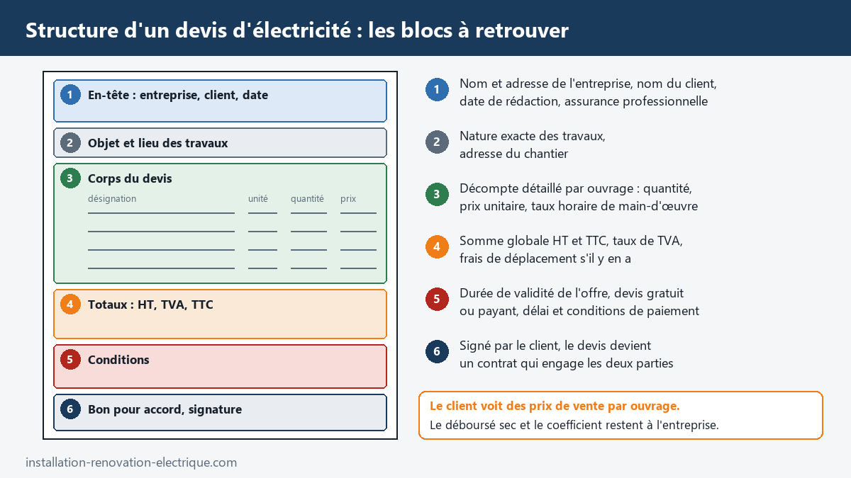 Structure d'un devis d'électricité en six blocs : en-tête, objet et lieu des travaux, corps du devis par ouvrage, totaux HT, TVA et TTC, conditions, bon pour accord