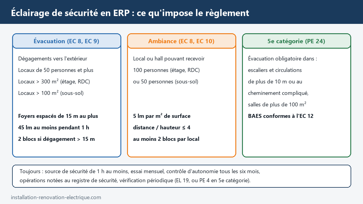 Tableau des obligations d'éclairage de sécurité en ERP : évacuation (EC 8 et EC 9, 15 m, 45 lm), ambiance (EC 10, 100 personnes, 5 lm/m²) et 5e catégorie (PE 24)