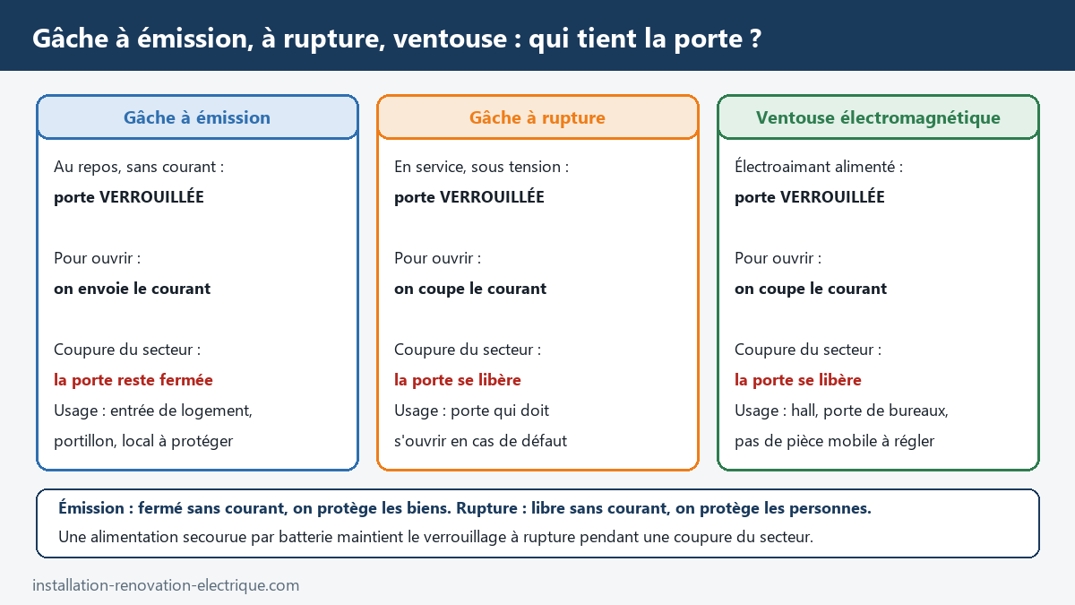 Tableau comparatif gâche à émission, gâche à rupture et ventouse électromagnétique : état de la porte au repos, commande d'ouverture et comportement en cas de coupure du secteur
