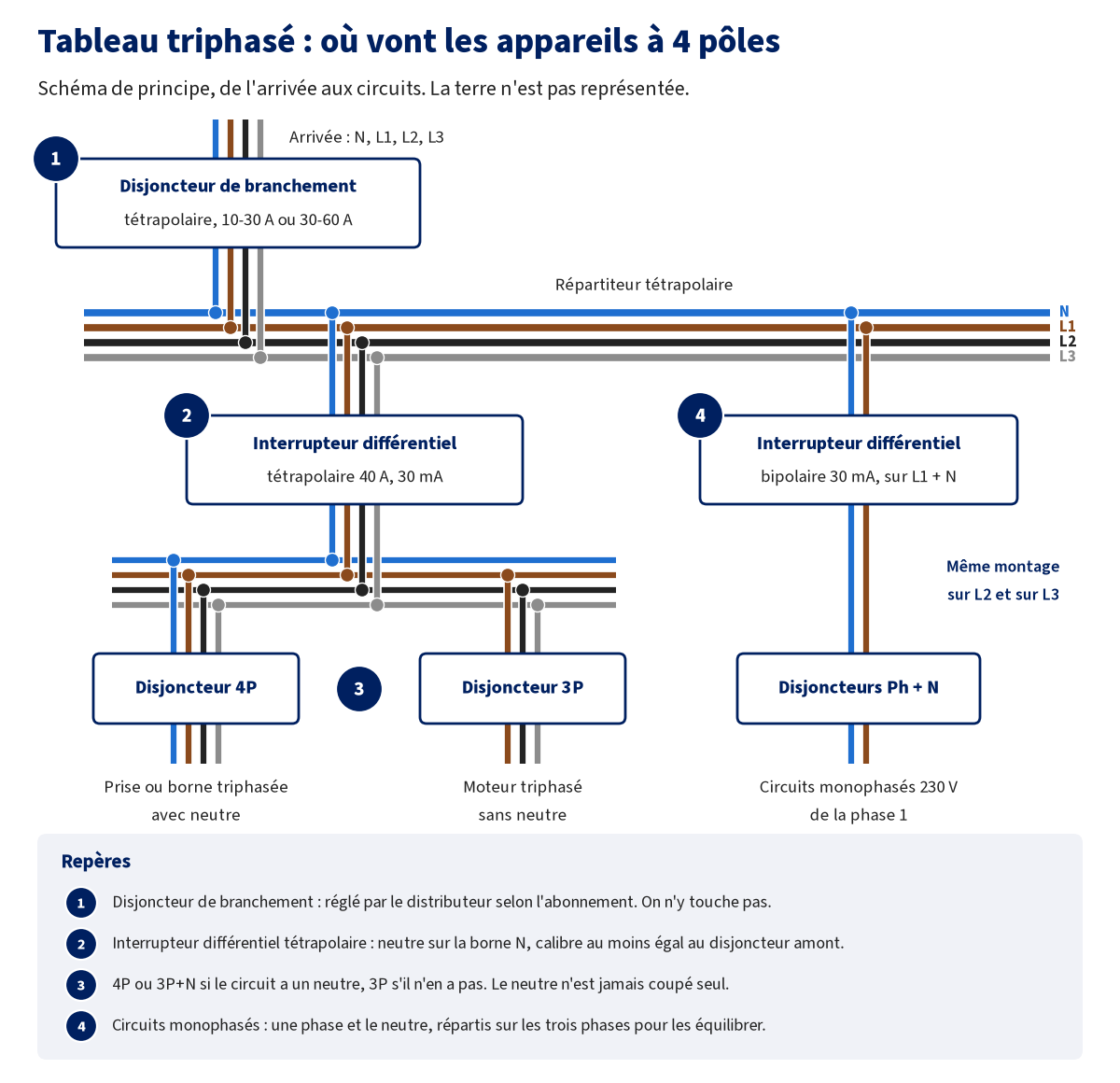 Schéma de principe d'un tableau triphasé : disjoncteur de branchement tétrapolaire, répartiteur à quatre barres (neutre et trois phases), interrupteur différentiel tétrapolaire 30 mA alimentant un disjoncteur 4P pour une prise triphasée avec neutre et un disjoncteur 3P pour un moteur sans neutre, interrupteur différentiel bipolaire sur une phase et le neutre pour les circuits monophasés